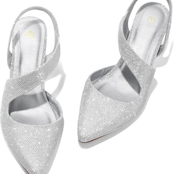 Women's Silver Kitten Heels 2 Inch Slingback Pumps for Wedding Party Dress - Picture 4 of 6